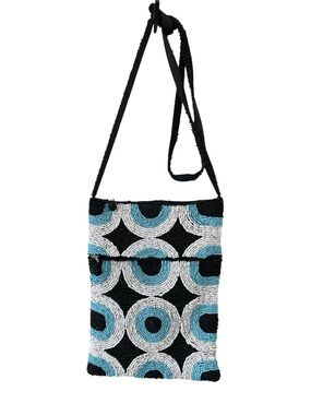 Vintage Hand Beaded Black White Turquoise Seed Bead Crossbody Bag Mod Resort